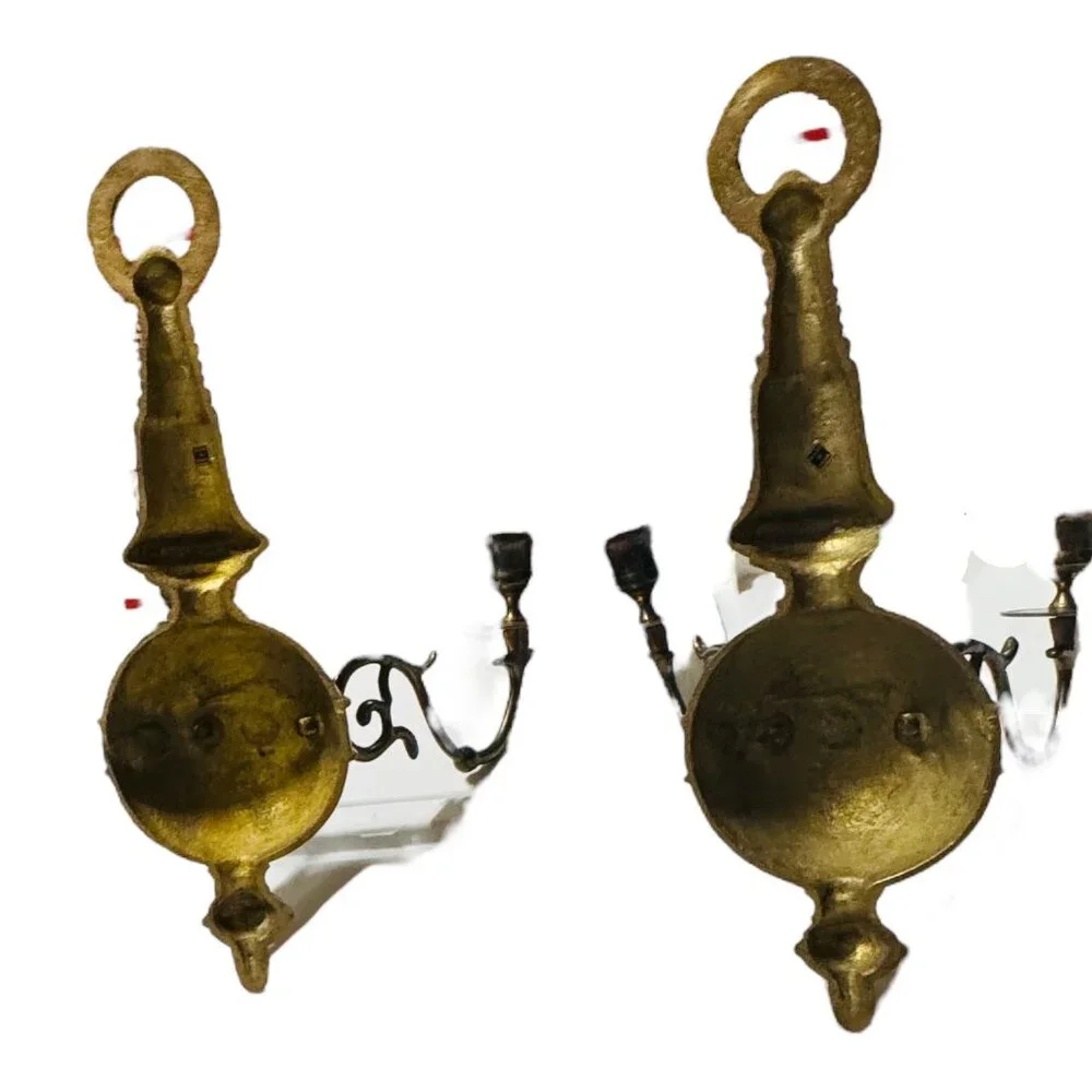 Pair of Vintage Gilt MetalBrass Double Handle Sconces Wall Mount Made in India - Picture 7 of 16